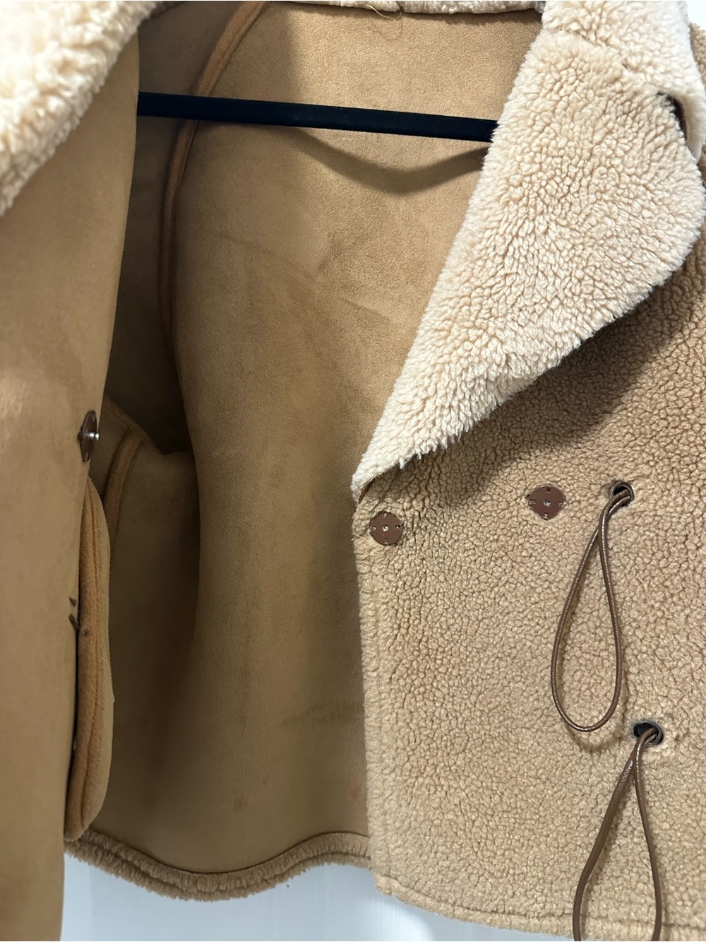 In Studio Teddy Sherpa Jacket Small Camel Faux Shearling Drawstring Bomber Coat - Picture 3 of 8